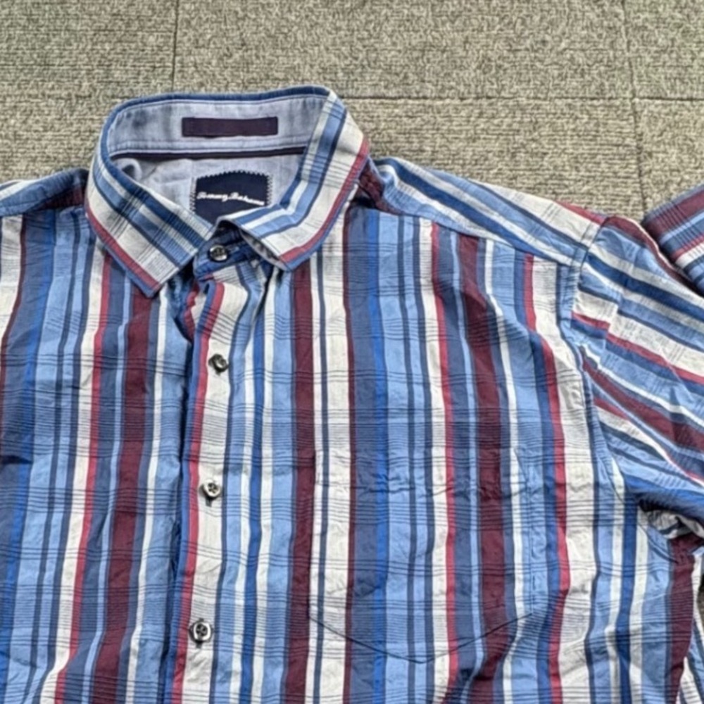 Tommy Bahama Mens Medium Blue Burgundy Striped Cotton Silk Button Down Shirt